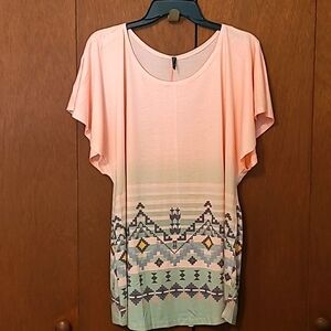 NWOT Poliana Plus peach top aztec design in green, orange & dark gray  Sz 2X
